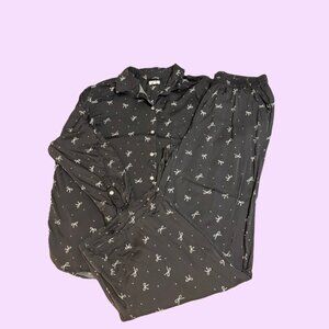 Aerie Off Duty Satin Trouser PJ and Buttondown Top SET, Black and White, Size L